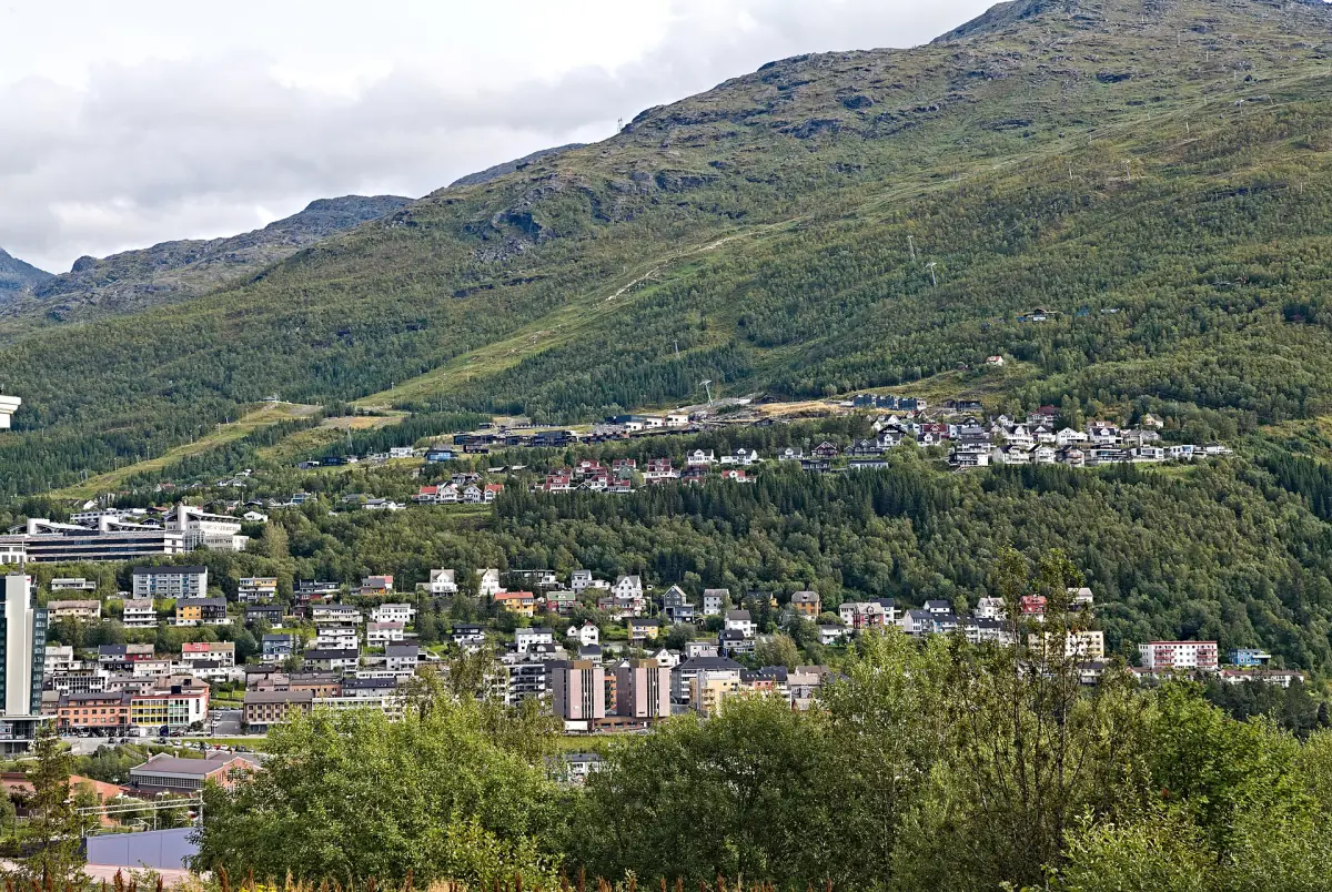 Die Stadt Narvik am Hang über dem Fjord