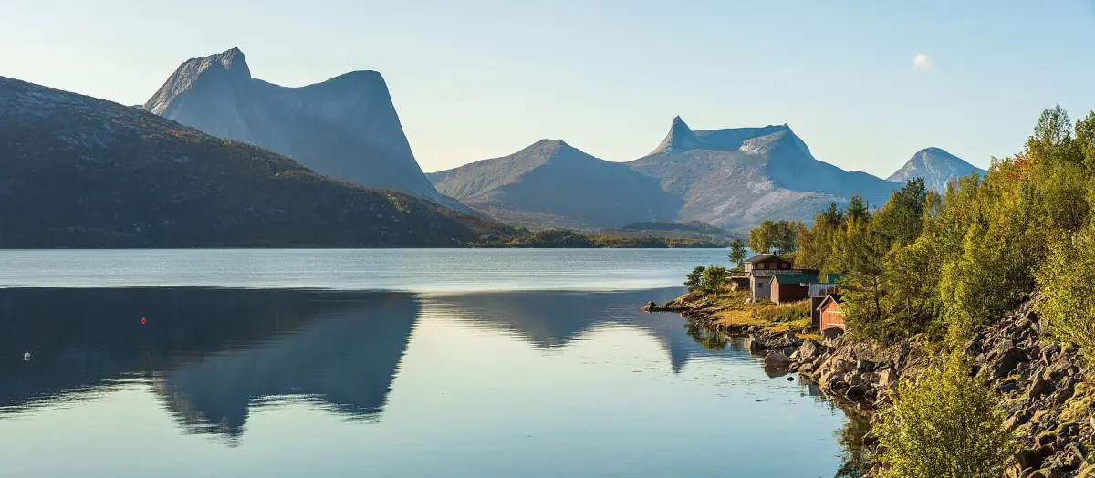 Stortinden and Valletindan above calm water near Narvik